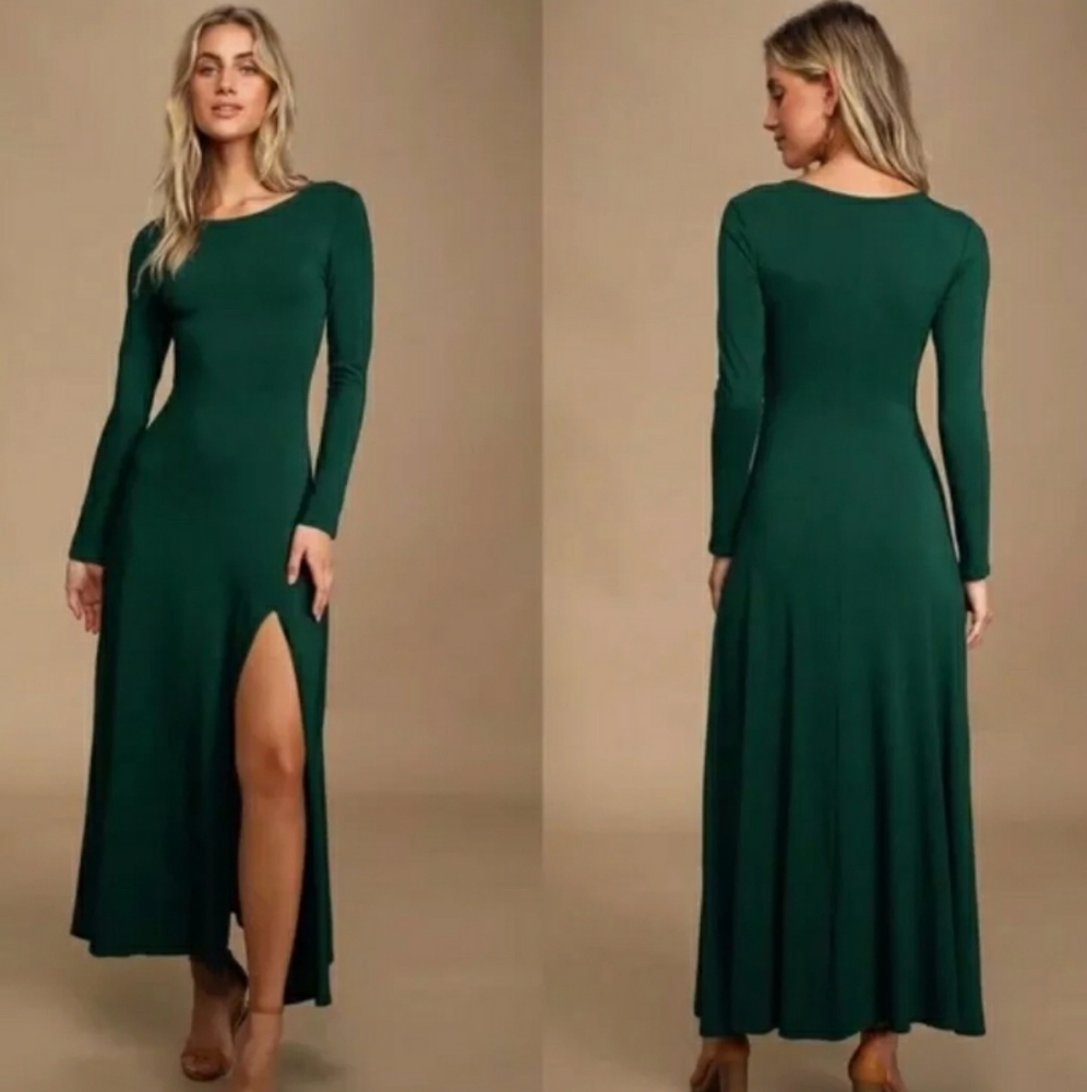Lulu's Swept Away Forest Green Maxi Dress Knee High Slit Sexy Dress NWT Medium